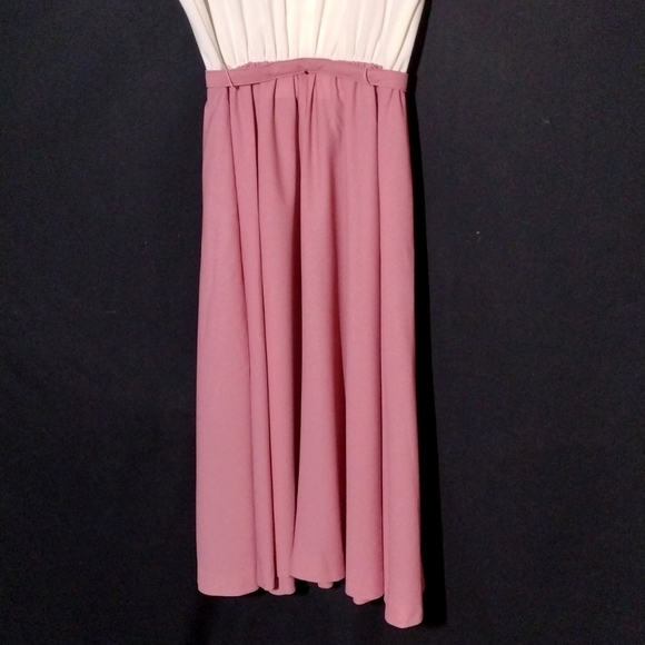 Vintage Jennifer Gee Cream and Pink Short Sleeve Midi Dress w/ Neck Tie Sz 14 - Picture 8 of 8